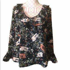Sanctuary Bird Floral Ruffled V Neck Blouse EUC